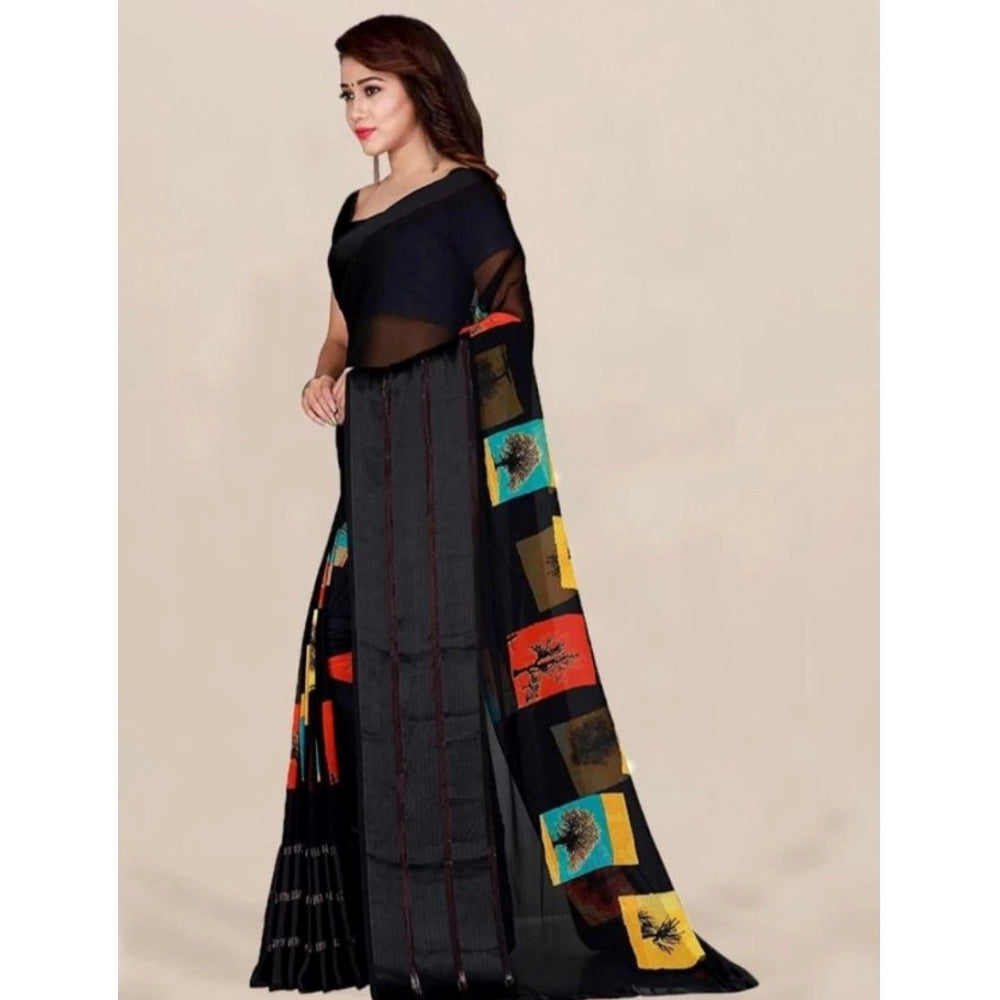 Clasymist Women's Sattin Patta Printed Saree With Unstitched Blouse (Black, 5-5 Mtrs)