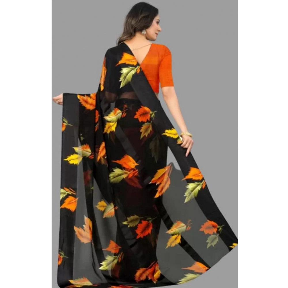 Clasymist Women's Sattin Patta Printed Saree With Unstitched Blouse (Black, 5-5 Mtrs)