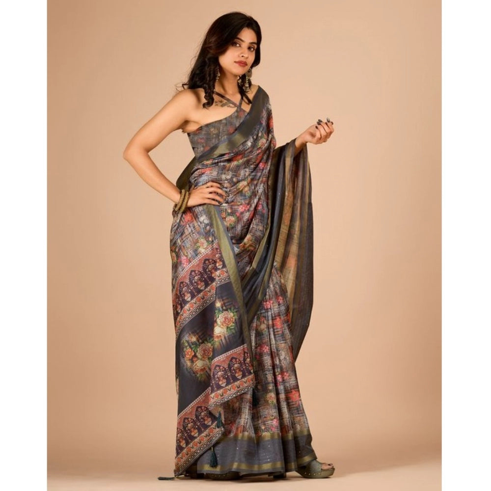 Clasymist Women's Digital Printed Saree With Unstitched Blouse (Grey, 5-5 Mtrs)