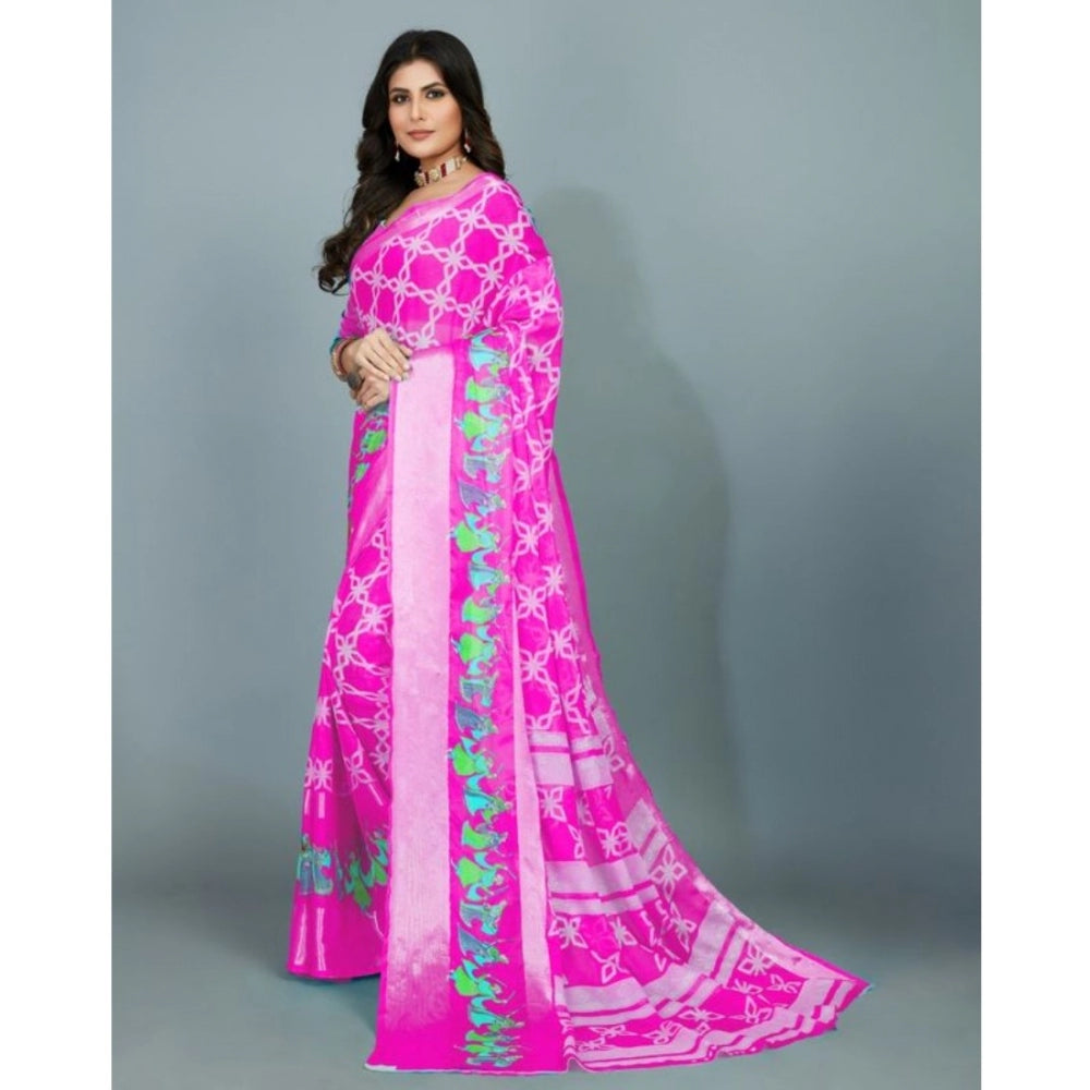 Clasymist Women's Moss Chiffon Printed Saree With Unstitched Blouse (Pink, 5-5 Mtrs)