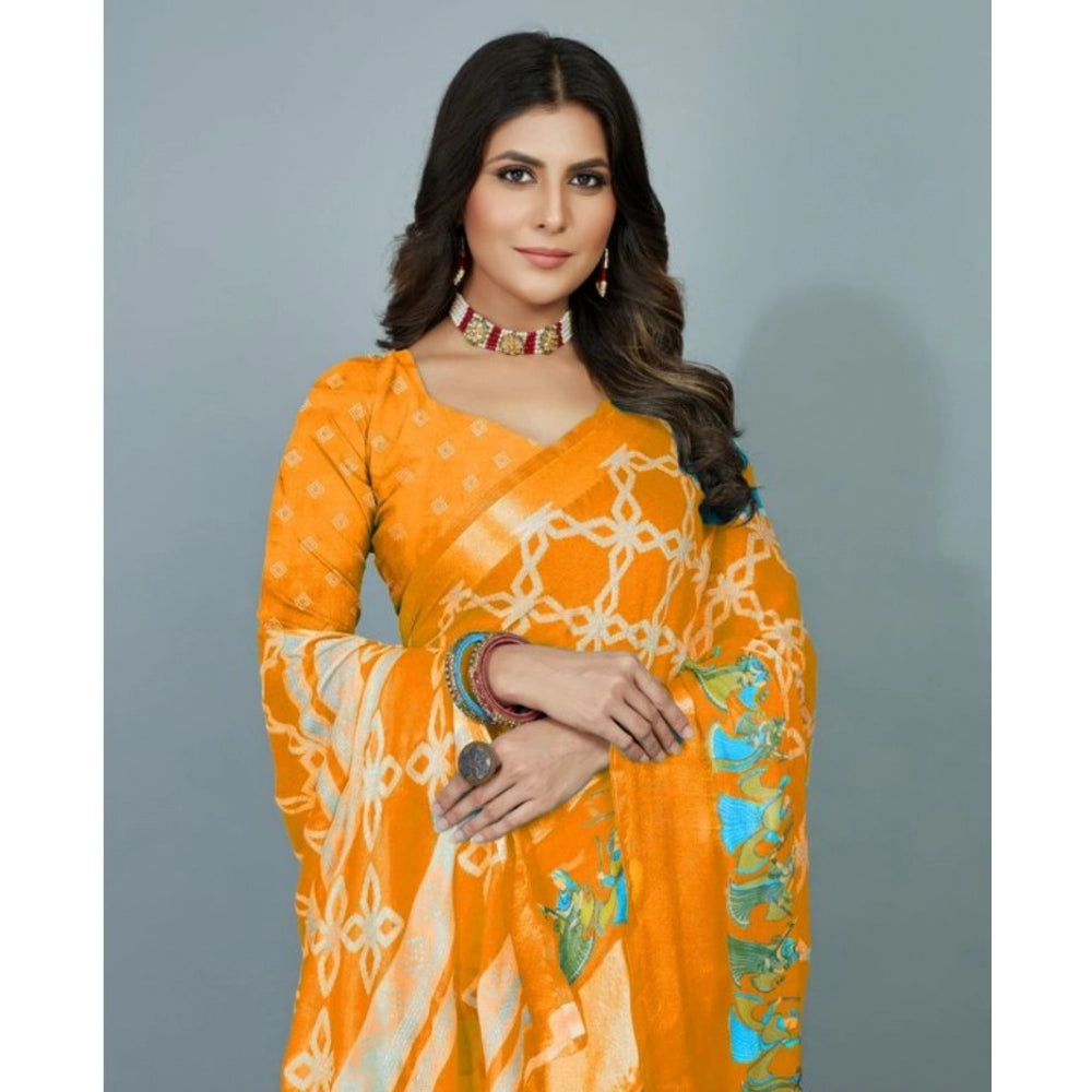 Clasymist Women's Moss Chiffon Printed Saree With Unstitched Blouse (Orange, 5-5 Mtrs)