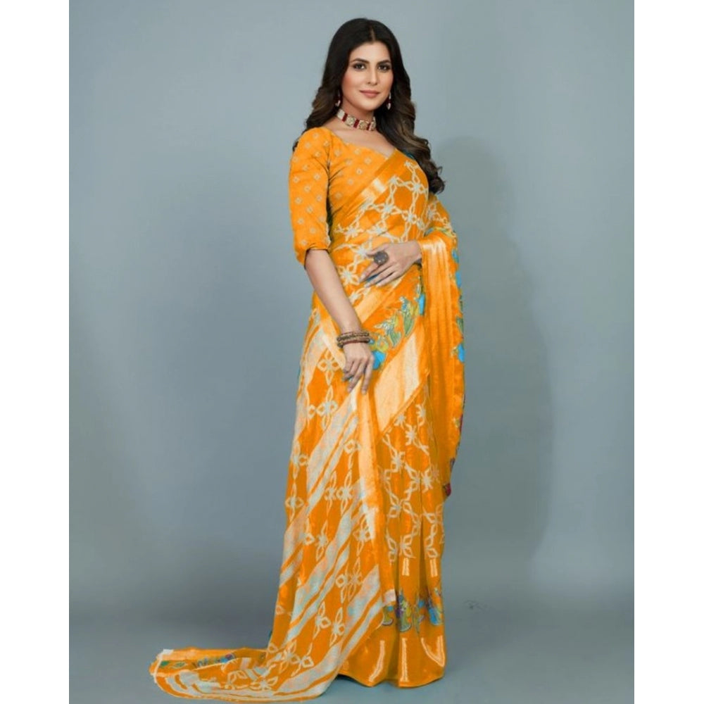 Clasymist Women's Moss Chiffon Printed Saree With Unstitched Blouse (Orange, 5-5 Mtrs)