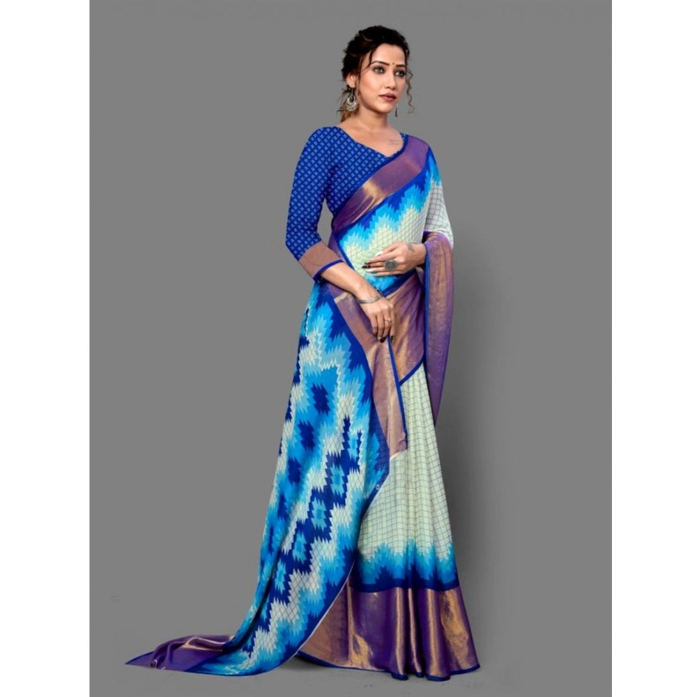 Clasymist Women's Chiffon Printed Saree With Unstitched Blouse (Blue, 5-5 Mtrs)