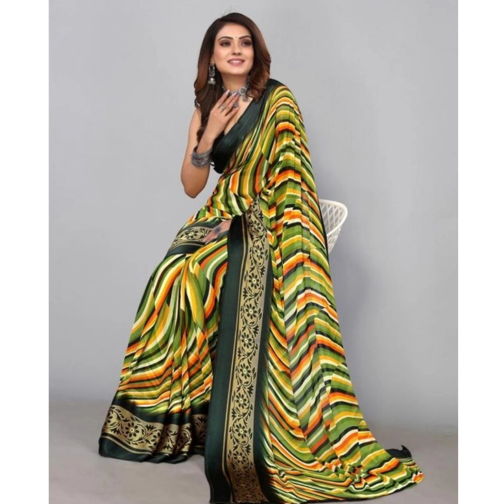 Clasymist Women's Sattin Patta Printed Saree With Unstitched Blouse (Green, 5-5 Mtrs)