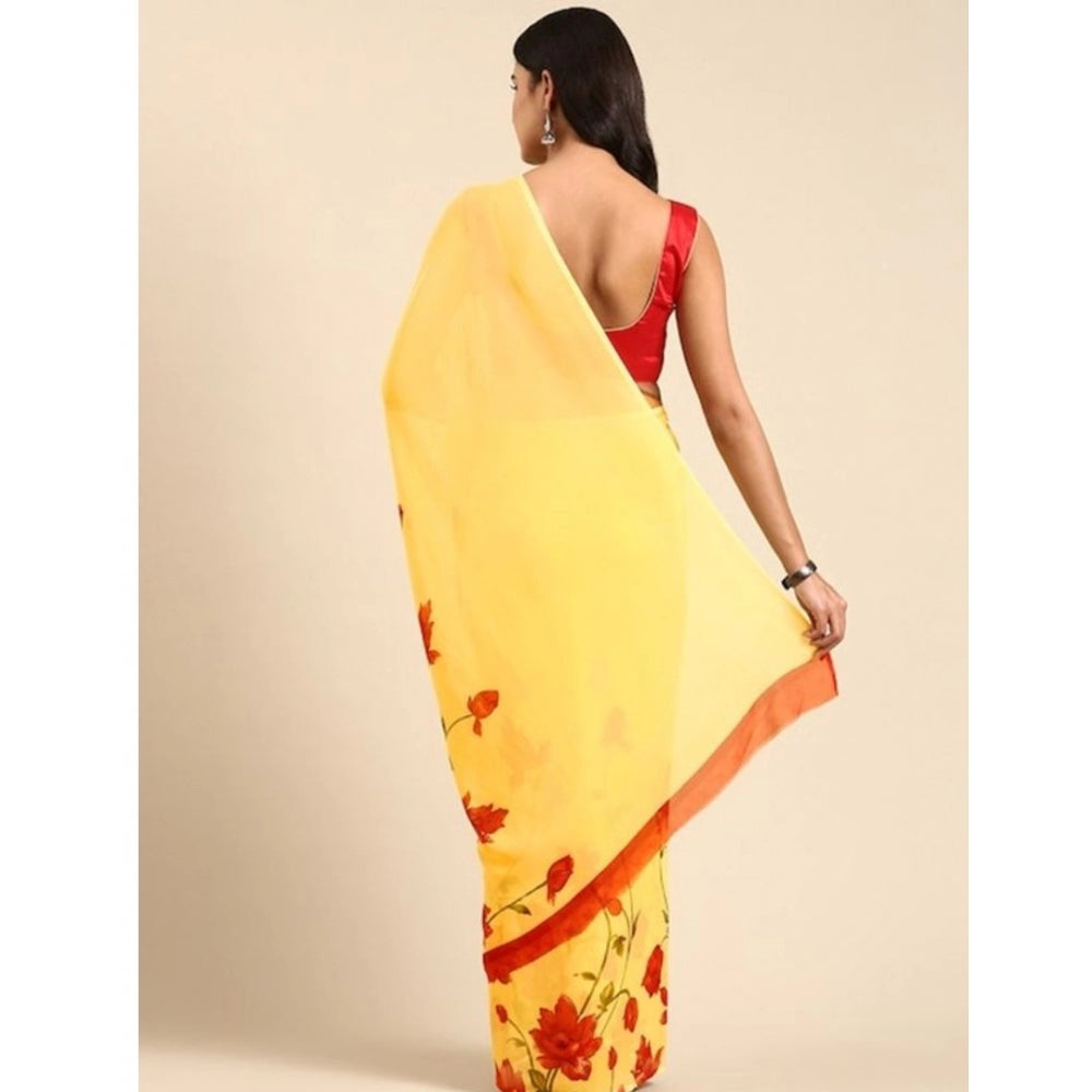 Clasymist Women's Georgette Printed Saree With Unstitched Blouse (Yellow, 5-5 Mtrs)