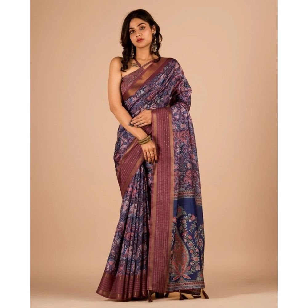 Clasymist Women's Digital Printed Saree With Unstitched Blouse (Navy, 5-5 Mtrs)