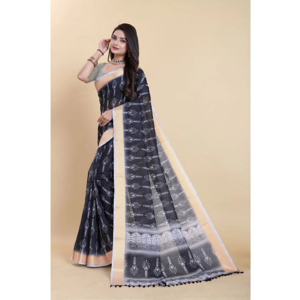 Clasymist Women's Linen Printed Saree With Unstitched Blouse (Black, 5-5 Mtrs)