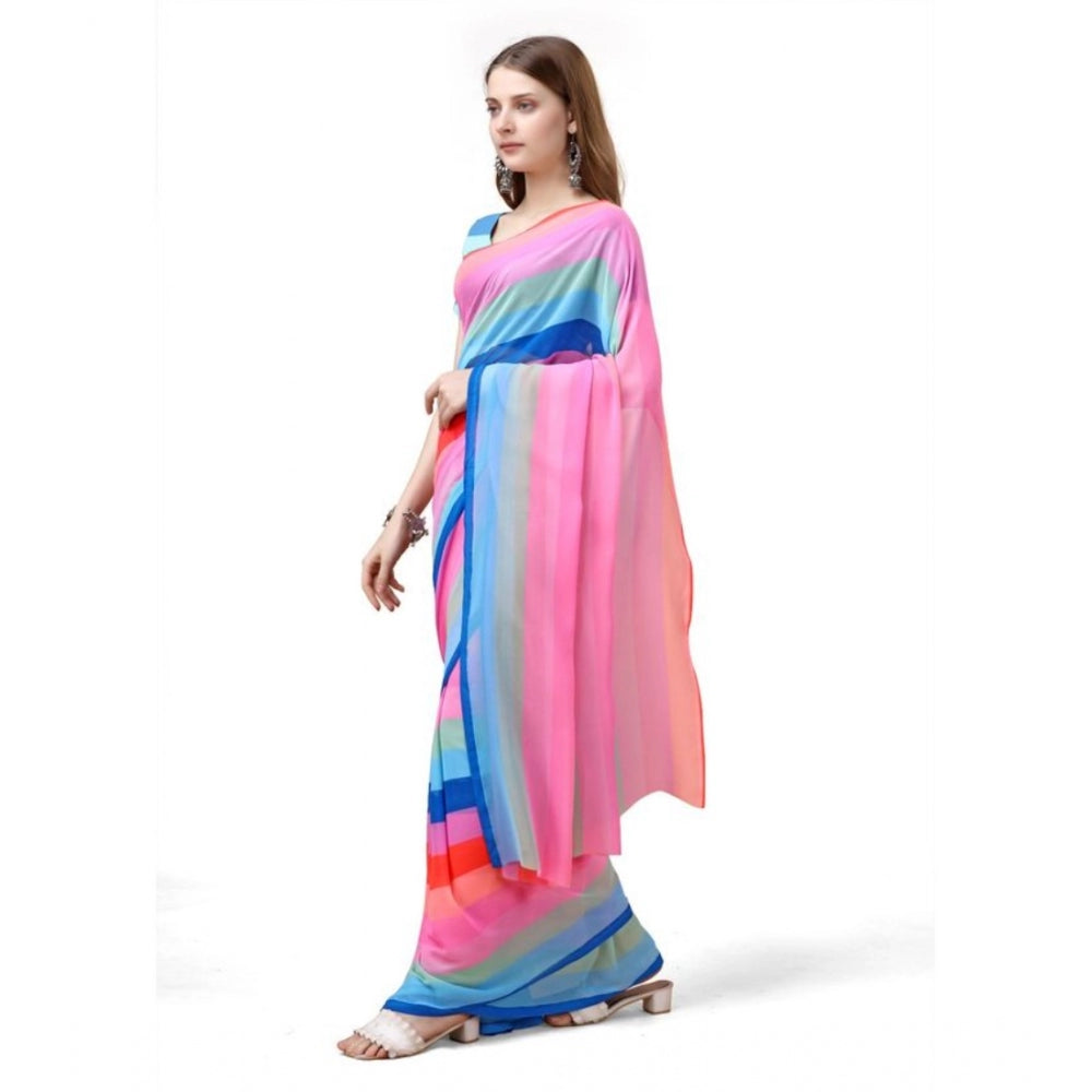 Clasymist Women's Georgette Striped Saree With Unstitched Blouse (Multicolor, 5-5 Mtrs)