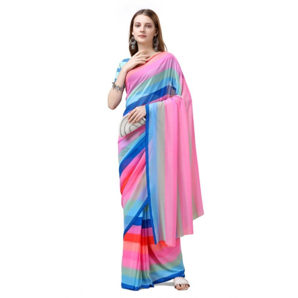 Clasymist Women's Georgette Striped Saree With Unstitched Blouse (Multicolor, 5-5 Mtrs)