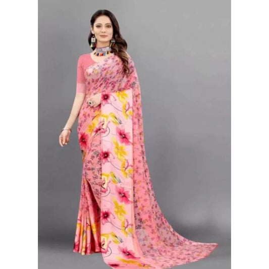 Clasymist Women's Sattin Patta Printed Saree With Unstitched Blouse (Pink, 5-5 Mtrs)