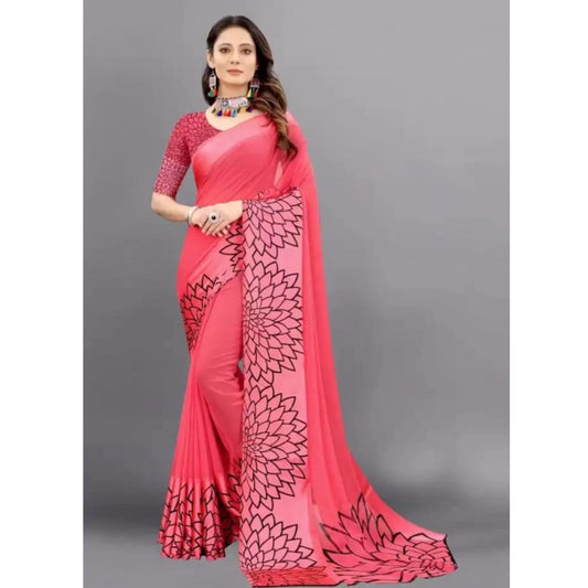 Clasymist Women's Sattin Patta Printed Saree With Unstitched Blouse (Pink, 5-5 Mtrs)