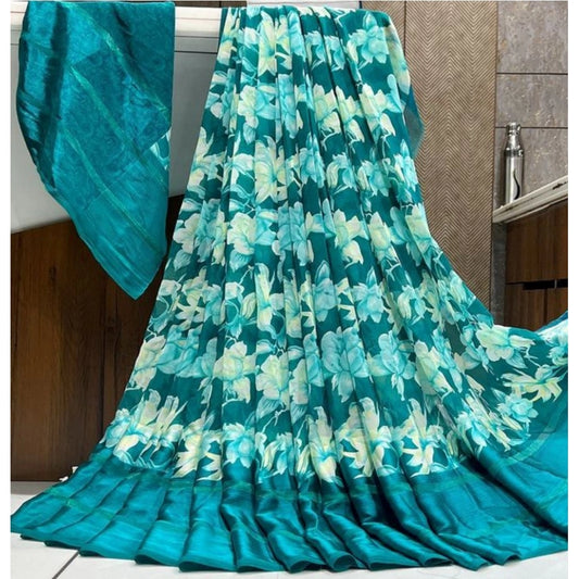 Clasymist Women's Sattin Patta Printed Saree With Unstitched Blouse (Sky Blue, 5-5 Mtrs)