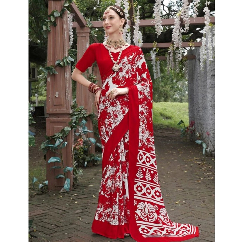 Clasymist Women's Georgette Printed Saree With Unstitched Blouse (Red, 5-5 Mtrs)