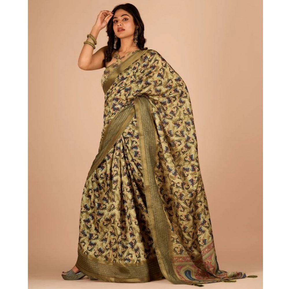 Clasymist Women's Digital Printed Saree With Unstitched Blouse (Mehendi, 5-5 Mtrs)