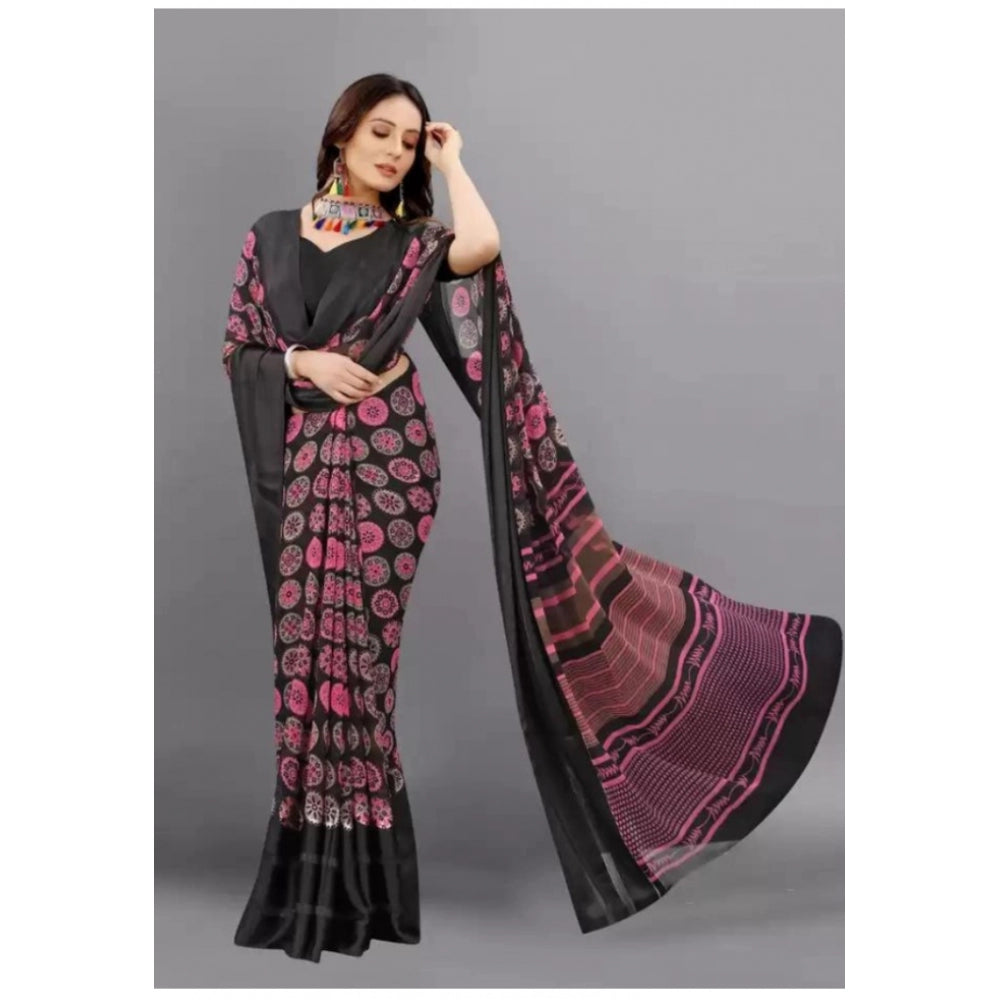 Clasymist Women's Sattin Patta Printed Saree With Unstitched Blouse (Black, 5-5 Mtrs)