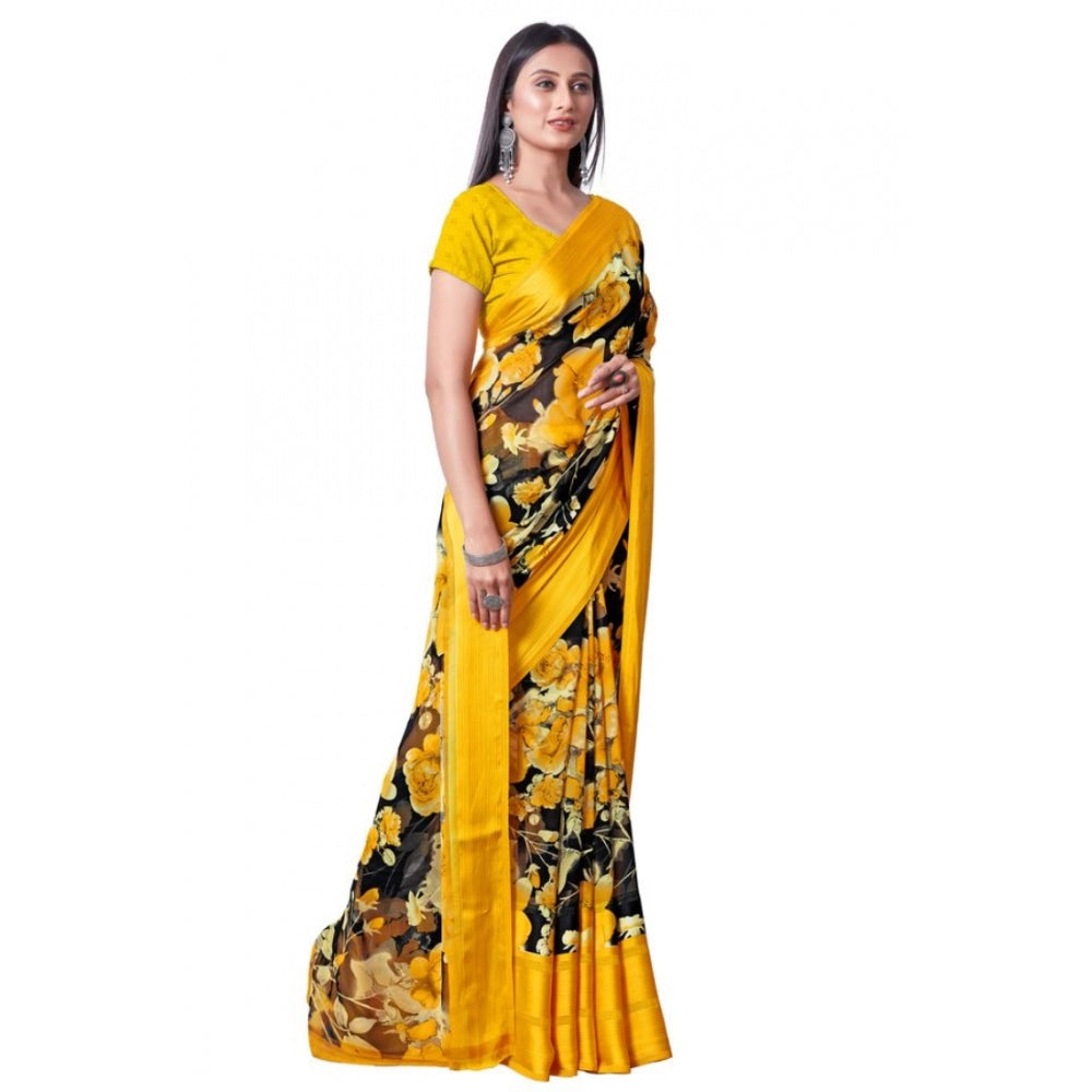 Clasymist Women's Sattin Patta Printed Saree With Unstitched Blouse (Yellow, 5-5 Mtrs)