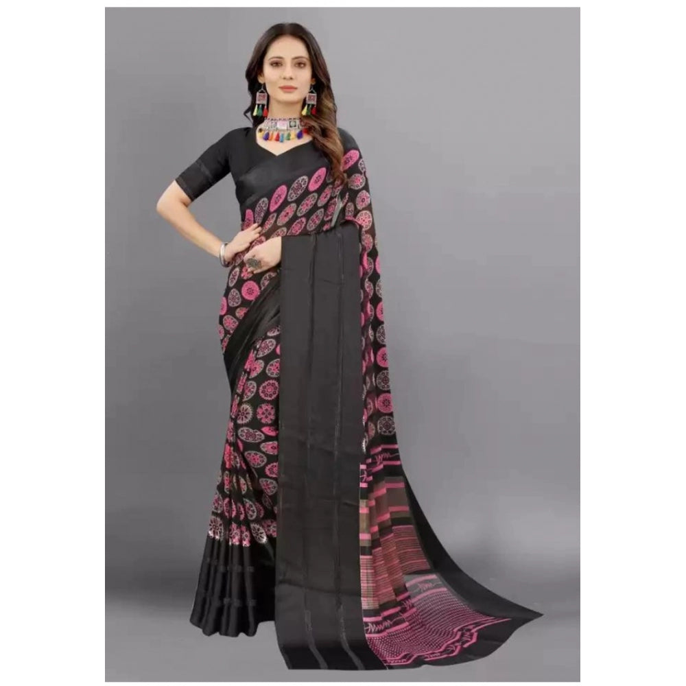 Clasymist Women's Sattin Patta Printed Saree With Unstitched Blouse (Black, 5-5 Mtrs)