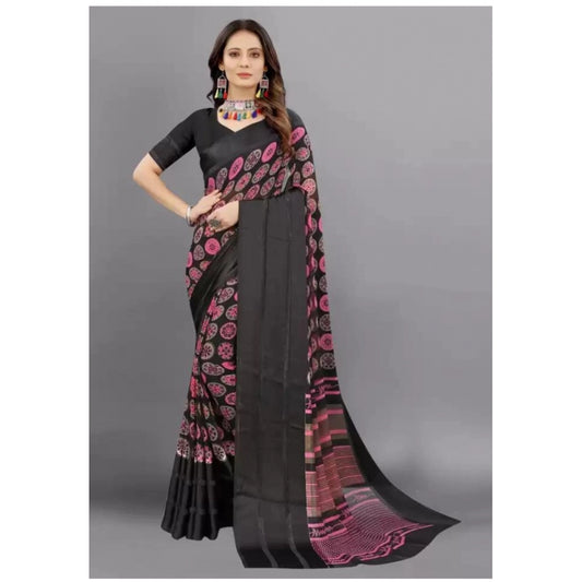 Clasymist Women's Sattin Patta Printed Saree With Unstitched Blouse (Black, 5-5 Mtrs)