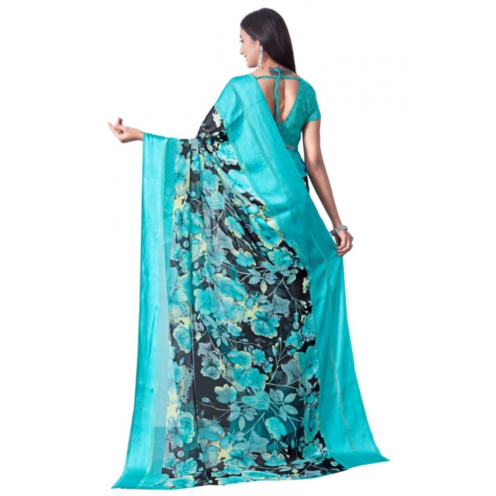 Clasymist Women's Sattin Patta Printed Saree With Unstitched Blouse (Blue, 5-5 Mtrs)