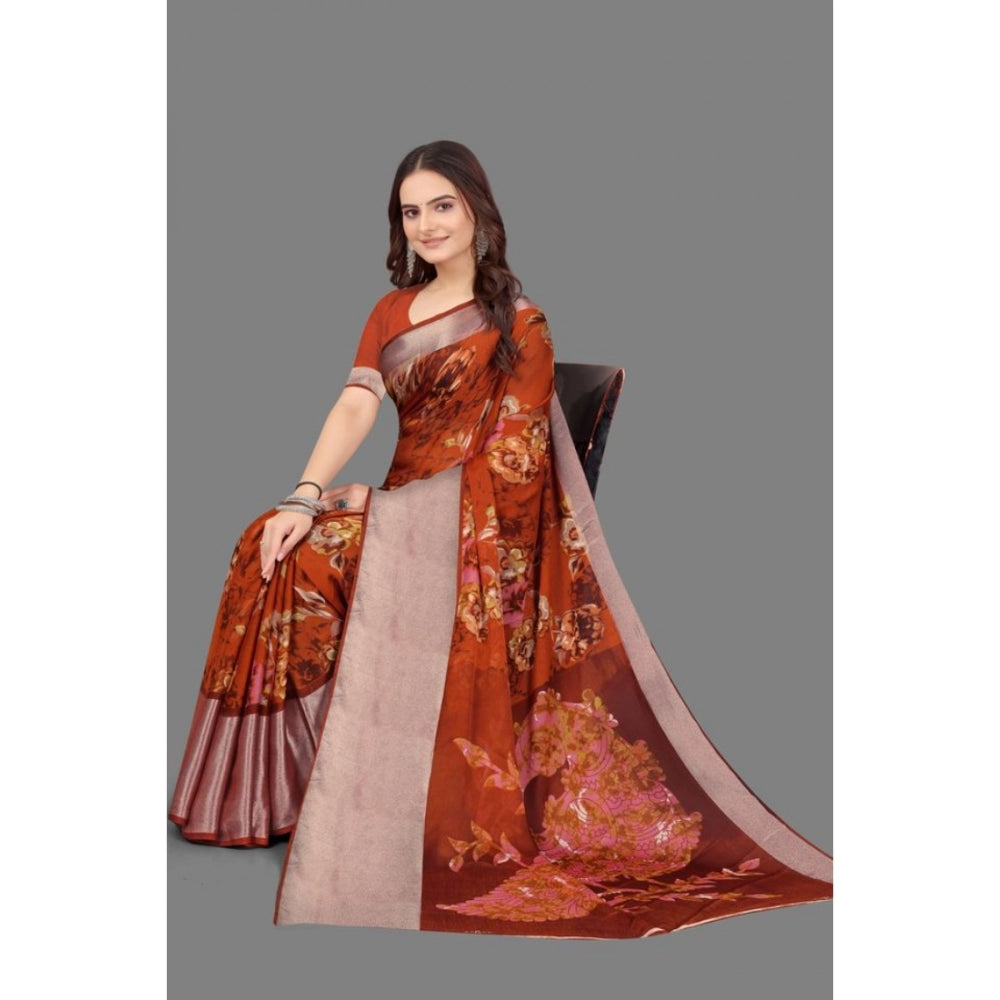 Clasymist Women's Chiffon Printed Saree With Unstitched Blouse (Red, 5-5 Mtrs)