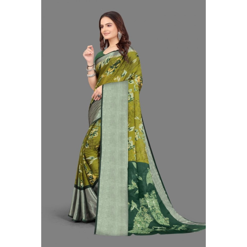 Clasymist Women's Chiffon Printed Saree With Unstitched Blouse (Mehendi, 5-5 Mtrs)