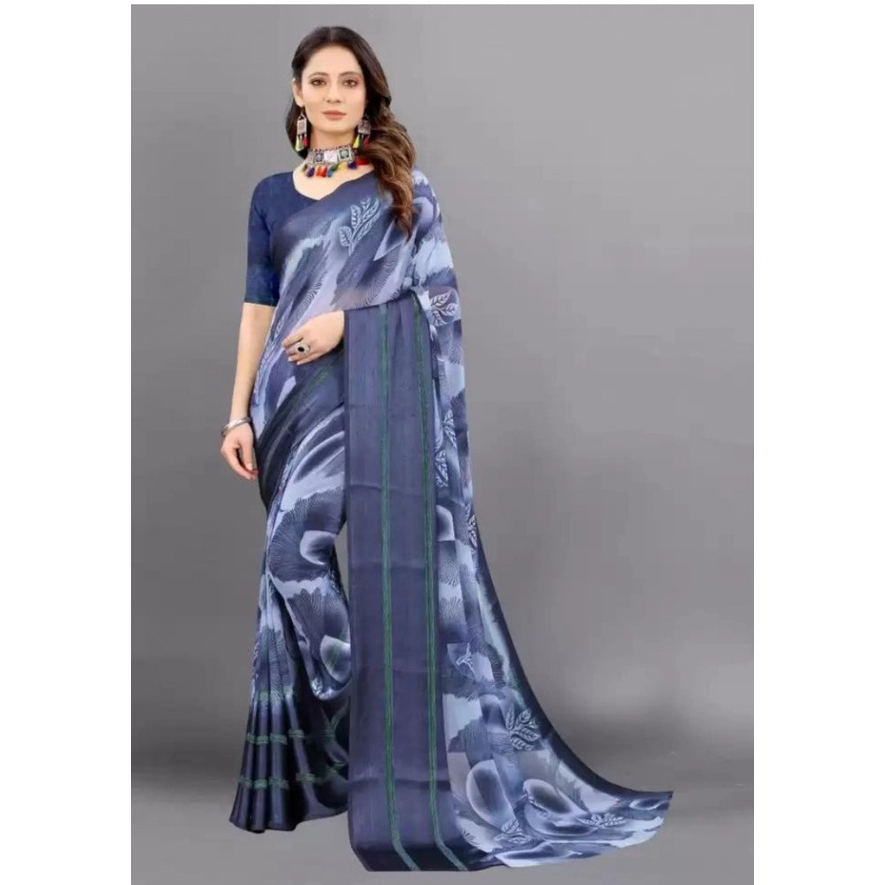 Clasymist Women's Sattin Patta Printed Saree With Unstitched Blouse (Navy Blue, 5-5 Mtrs)