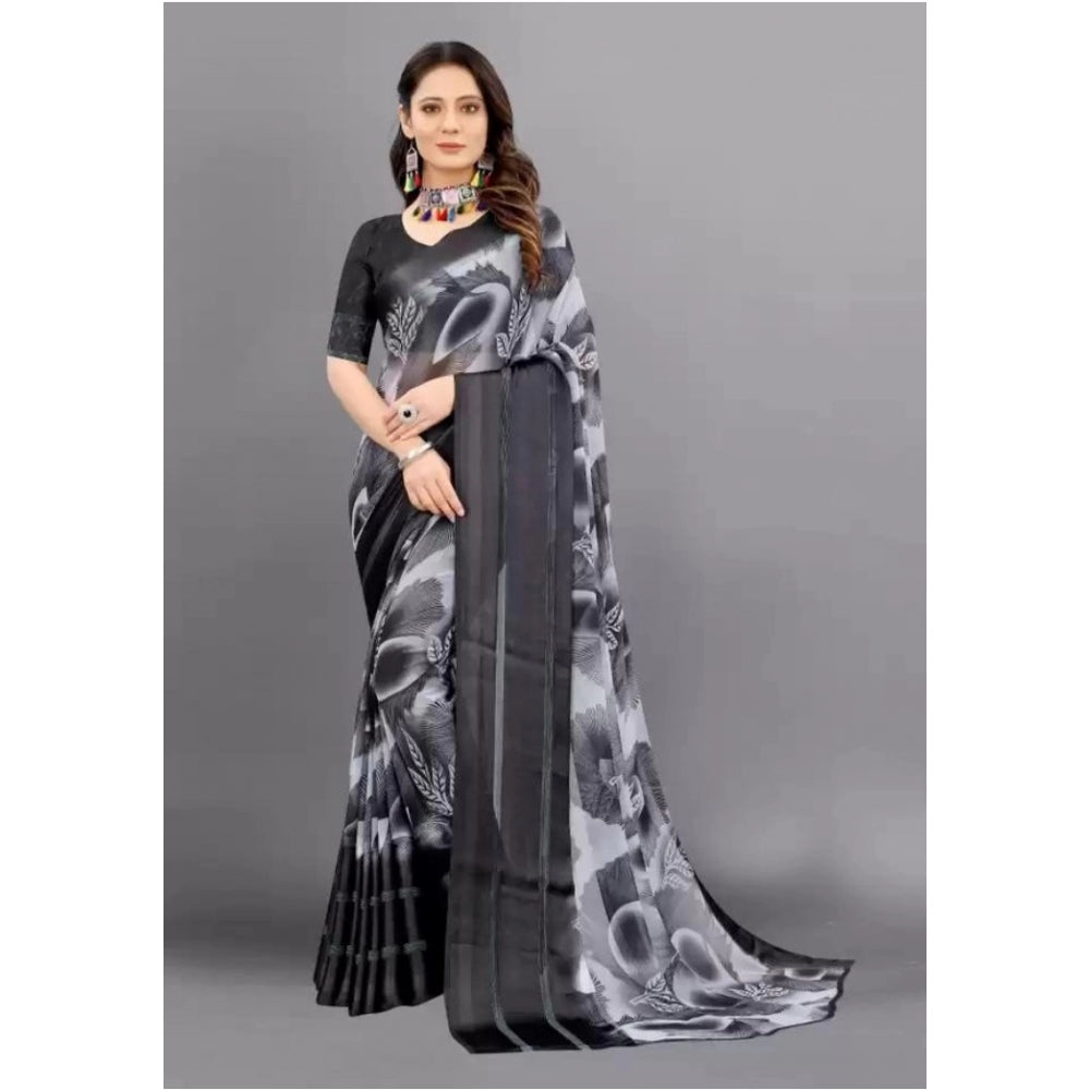 Clasymist Women's Sattin Patta Printed Saree With Unstitched Blouse (Black, 5-5 Mtrs)