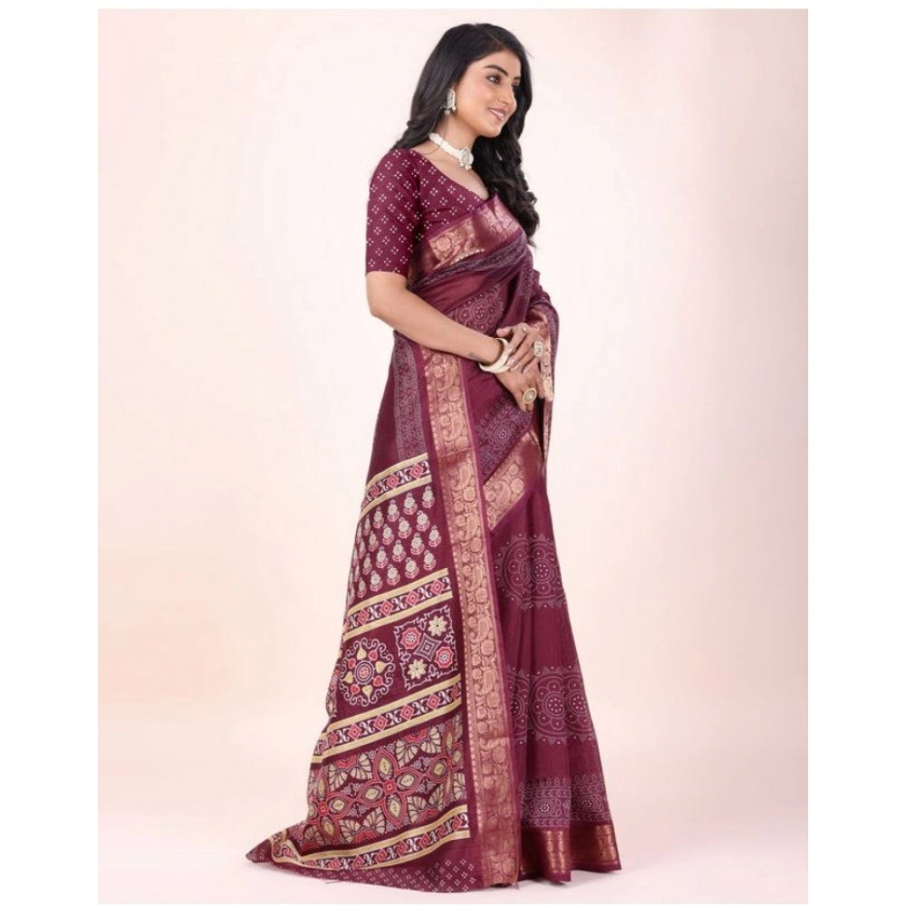 Clasymist Women's Cotton Printed Saree With Unstitched Blouse (Maroon, 5-5 Mtrs)