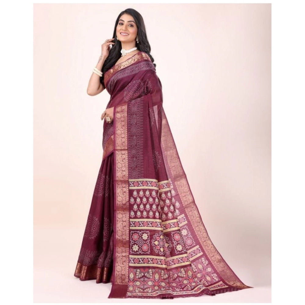 Clasymist Women's Cotton Printed Saree With Unstitched Blouse (Maroon, 5-5 Mtrs)