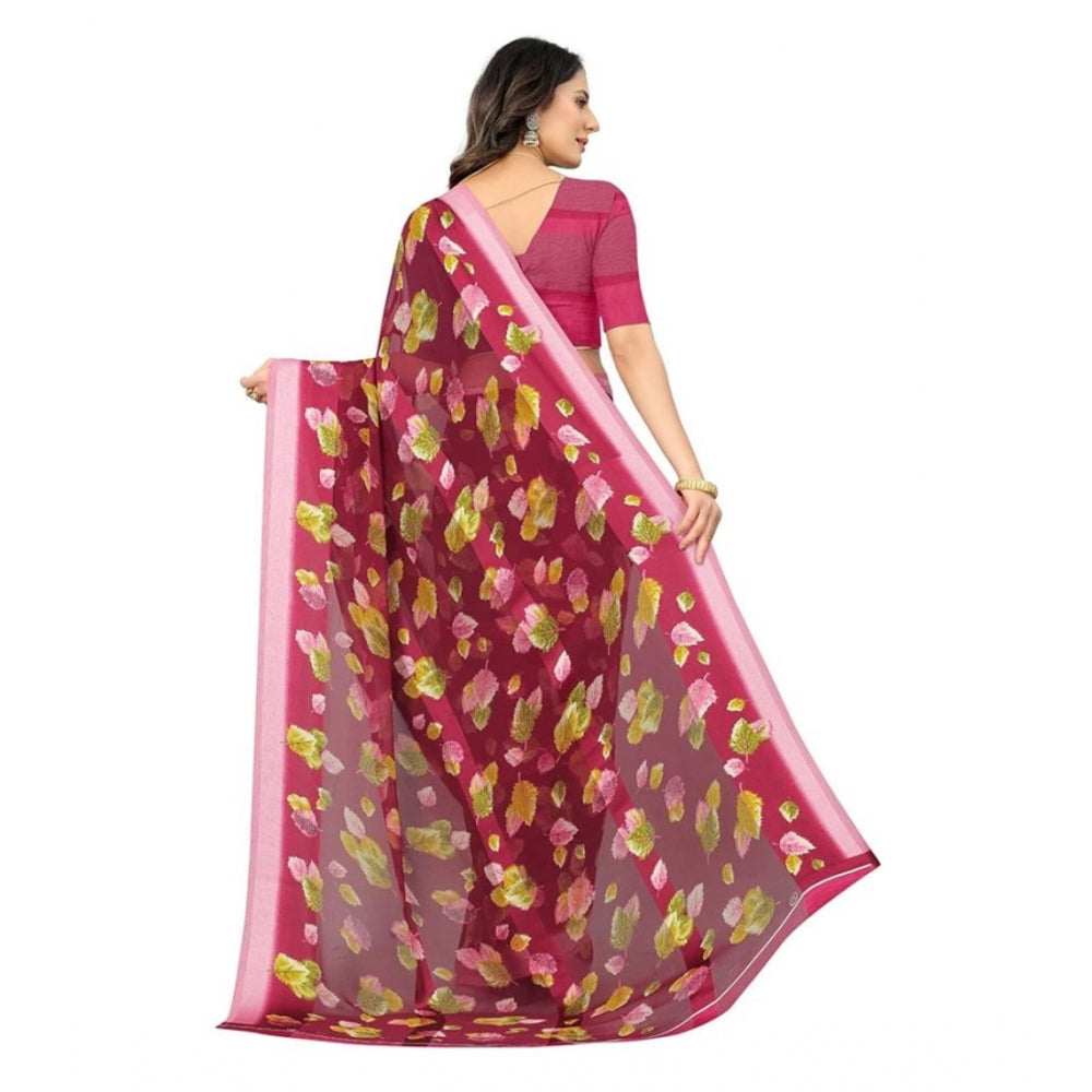 Clasymist Women's Sattin Patta Printed Saree With Unstitched Blouse (Maroon, 5-5 Mtrs)