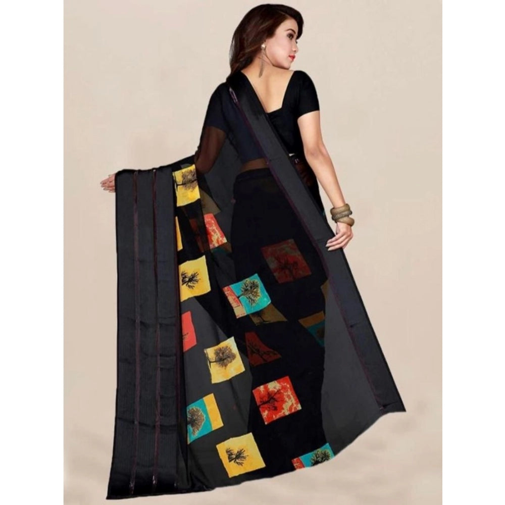 Clasymist Women's Sattin Patta Printed Saree With Unstitched Blouse (Black, 5-5 Mtrs)