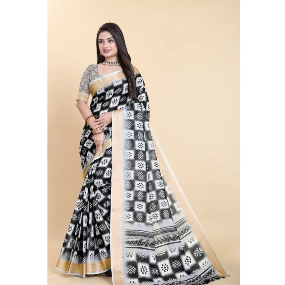 Clasymist Women's Linen Printed Saree With Unstitched Blouse (Black, 5-5 Mtrs)