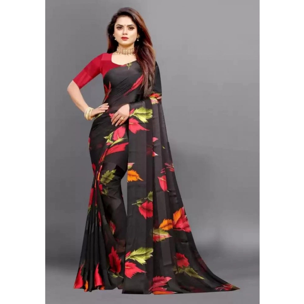 Clasymist Women's Sattin Patta Printed Saree With Unstitched Blouse (Black, 5-5 Mtrs)