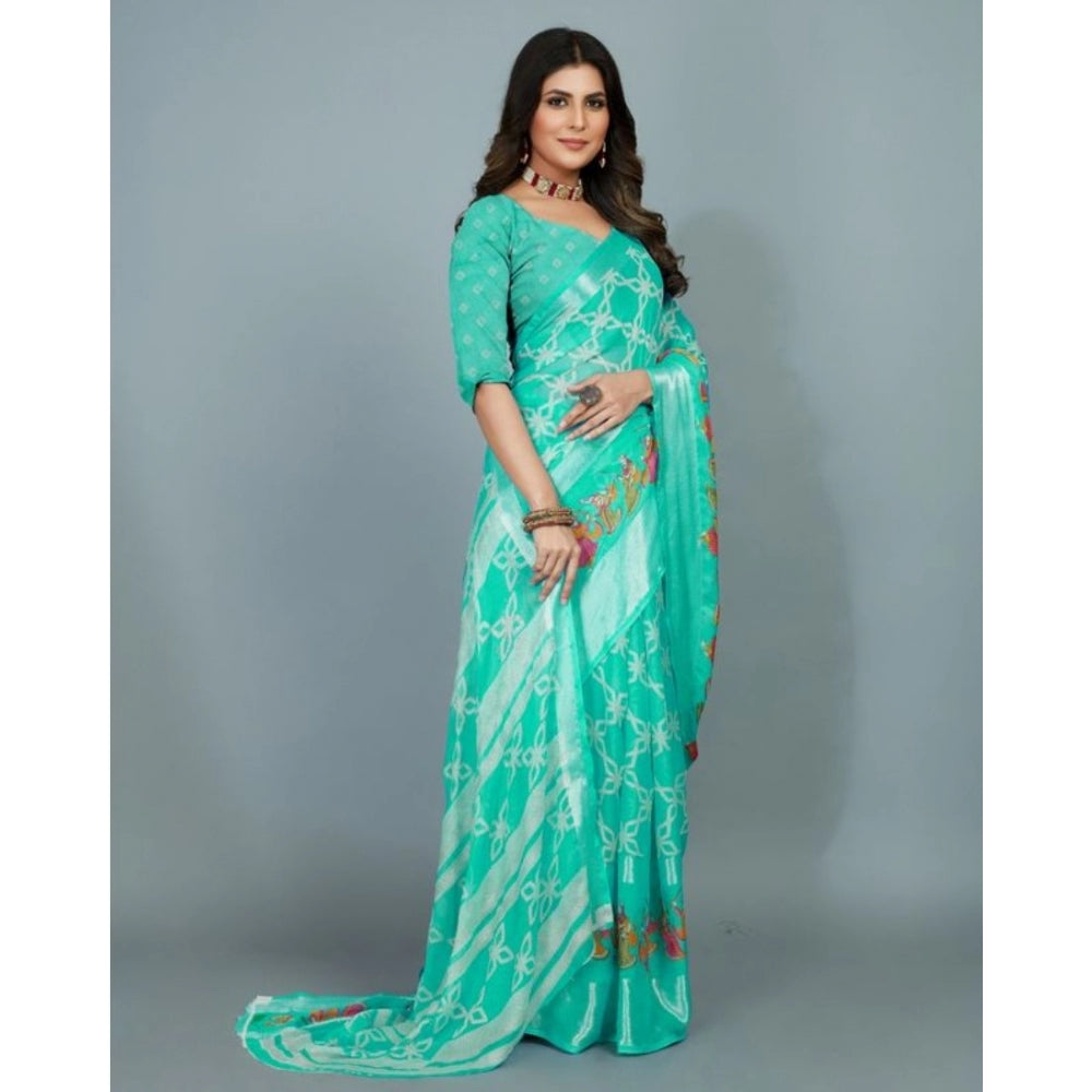 Clasymist Women's Moss Chiffon Printed Saree With Unstitched Blouse (Teal, 5-5 Mtrs)