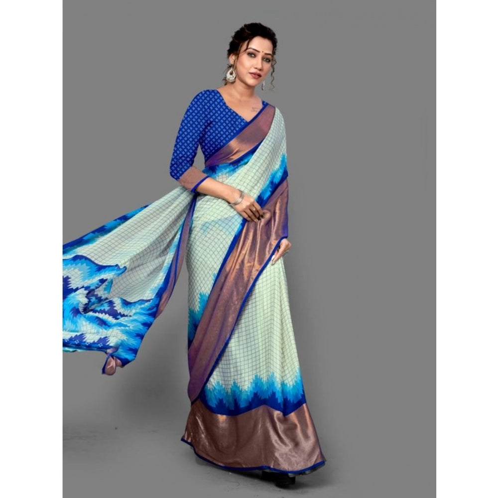 Clasymist Women's Chiffon Printed Saree With Unstitched Blouse (Blue, 5-5 Mtrs)