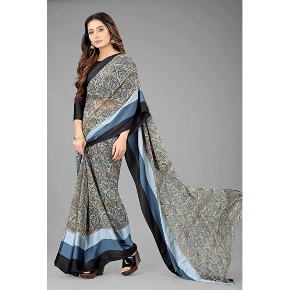 Clasymist Women's Sattin Patta Printed Saree With Unstitched Blouse (Black, 5-5 Mtrs)