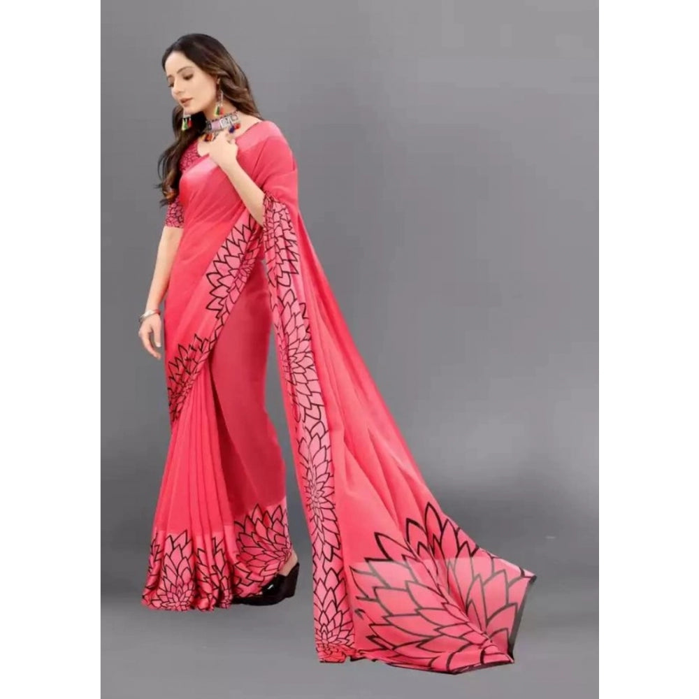 Clasymist Women's Sattin Patta Printed Saree With Unstitched Blouse (Pink, 5-5 Mtrs)