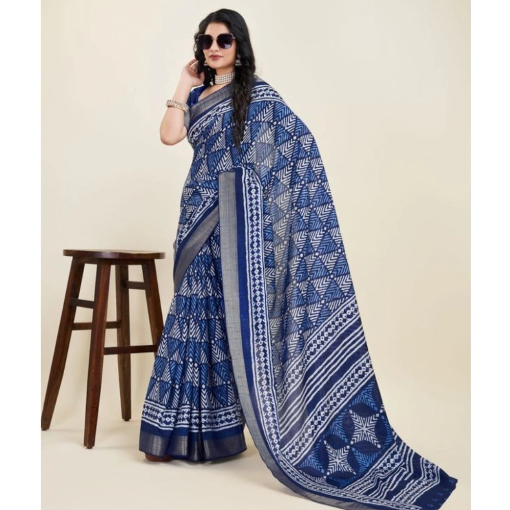 Clasymist Women's Dola Silk Printed Saree With Unstitched Blouse (Blue, 5-5 Mtrs)