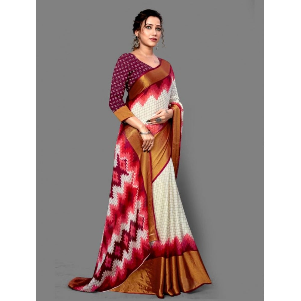 Clasymist Women's Chiffon Printed Saree With Unstitched Blouse (Maroon, 5-5 Mtrs)