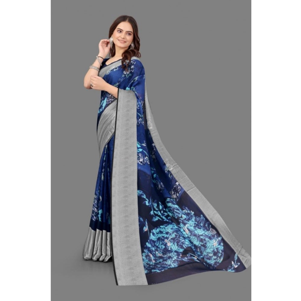 Clasymist Women's Chiffon Printed Saree With Unstitched Blouse (Blue, 5-5 Mtrs)