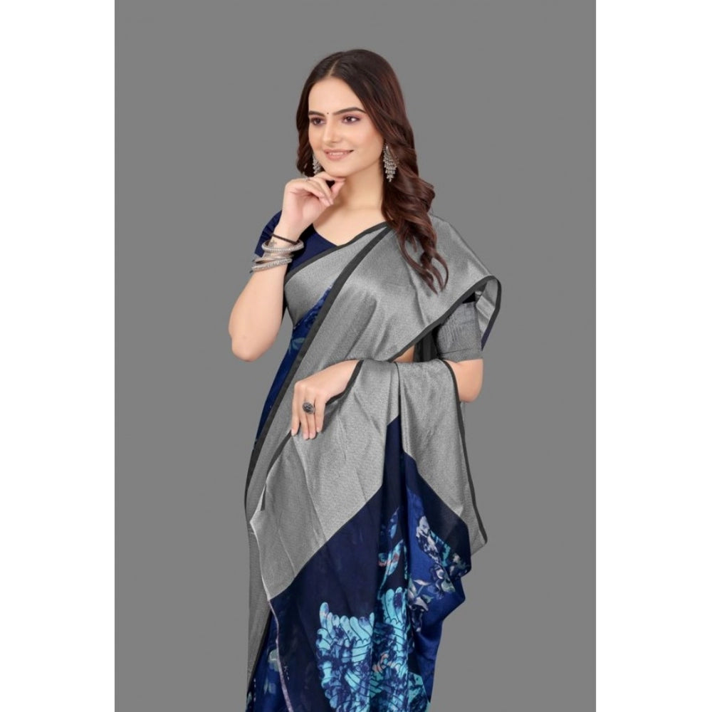 Clasymist Women's Chiffon Printed Saree With Unstitched Blouse (Blue, 5-5 Mtrs)