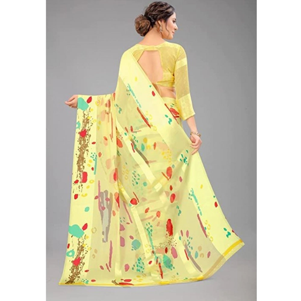 Clasymist Women's Sattin Patta Printed Saree With Unstitched Blouse (Yellow, 5-5 Mtrs)