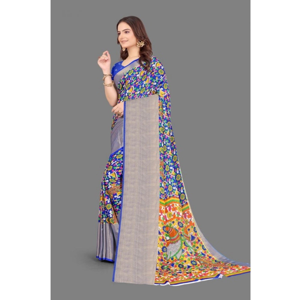 Clasymist Women's Chiffon Printed Saree With Unstitched Blouse (Blue, 5-5 Mtrs)