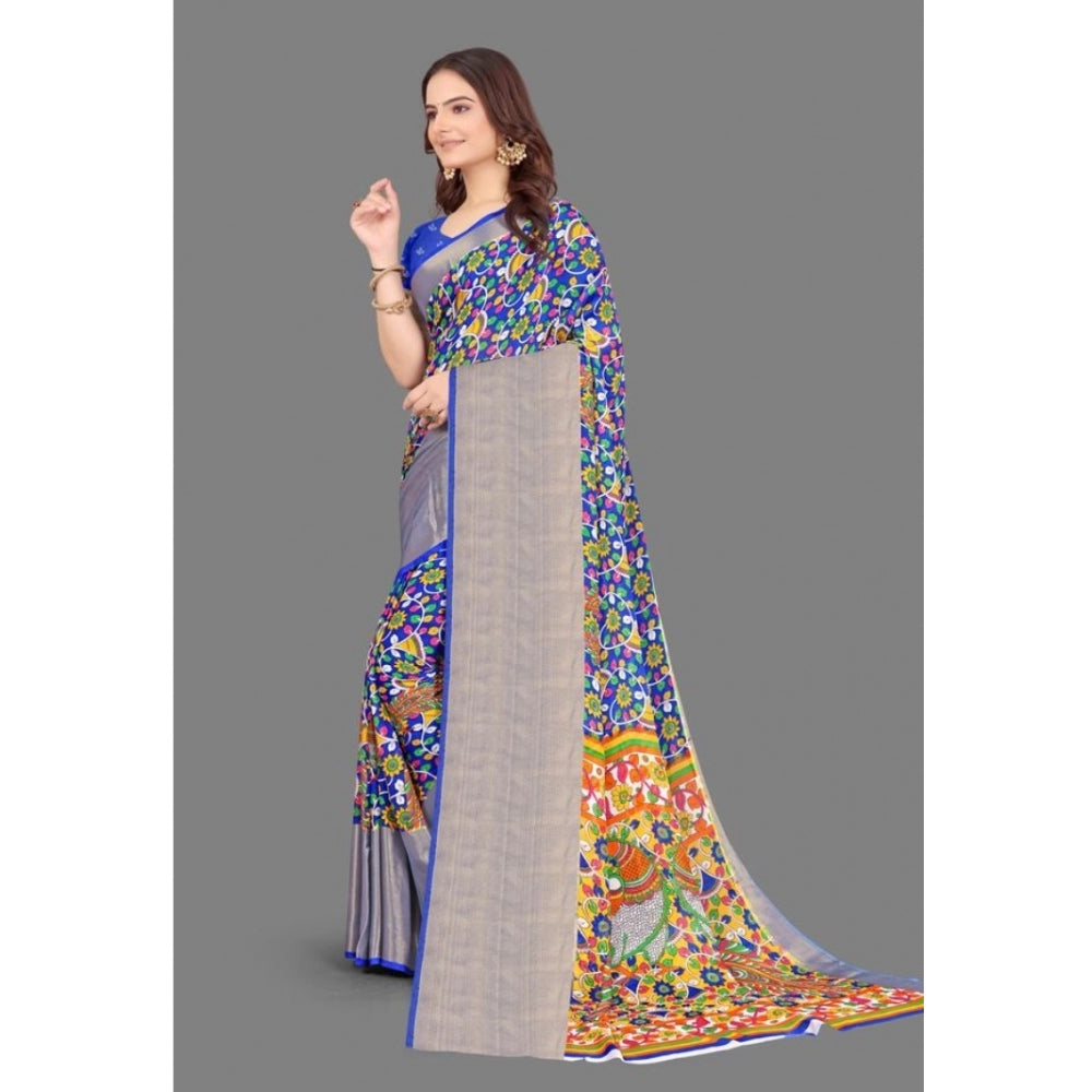 Clasymist Women's Chiffon Printed Saree With Unstitched Blouse (Blue, 5-5 Mtrs)