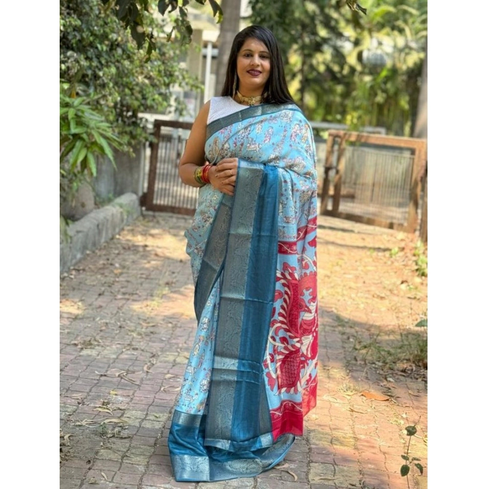 Clasymist Women's Dola Silk Printed Saree With Unstitched Blouse (Sky Blue, 5-5 Mtrs)