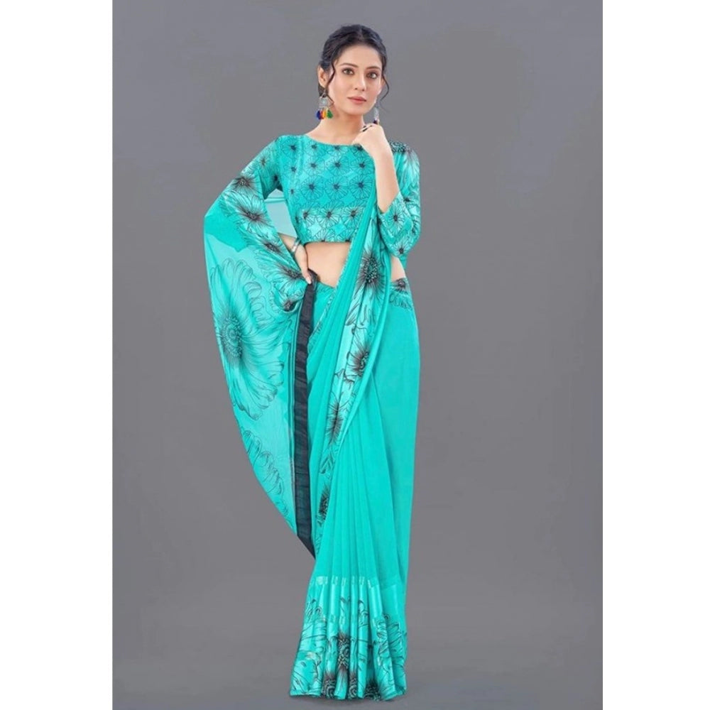 Clasymist Women's Sattin Patta Printed Saree With Unstitched Blouse (Teal, 5-5 Mtrs)