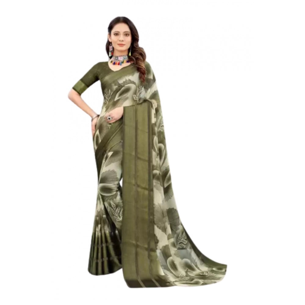 Clasymist Women's Sattin Patta Printed Saree With Unstitched Blouse (Olive, 5-5 Mtrs)