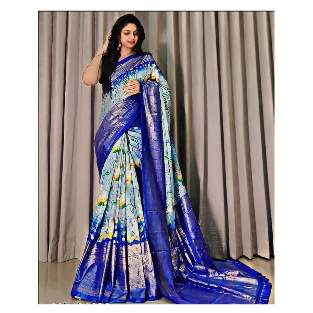 Clasymist Women's Dola Foli Printed Saree With Unstitched Blouse (Blue, 5-5 Mtrs)