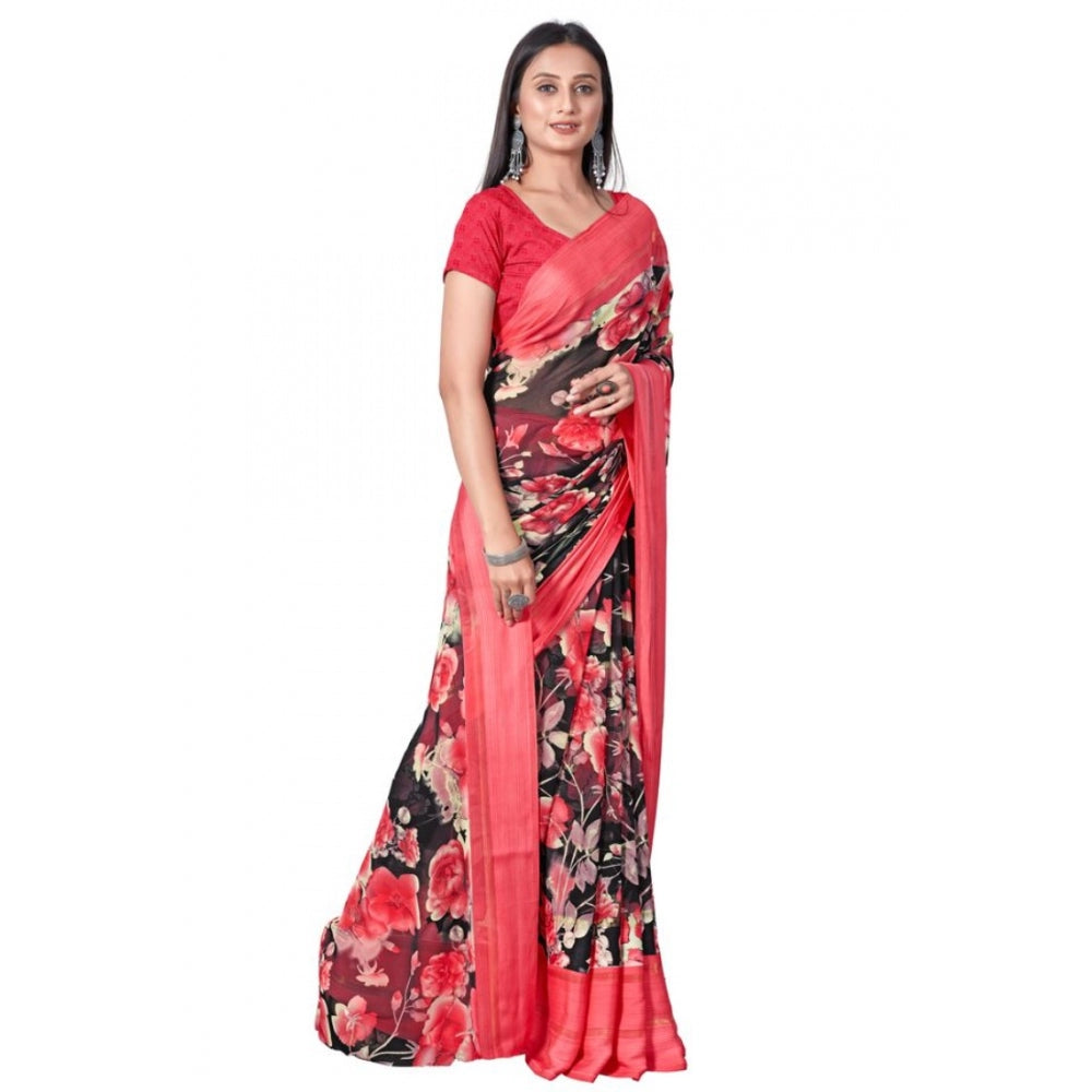 Clasymist Women's Sattin Patta Printed Saree With Unstitched Blouse (Red, 5-5 Mtrs)