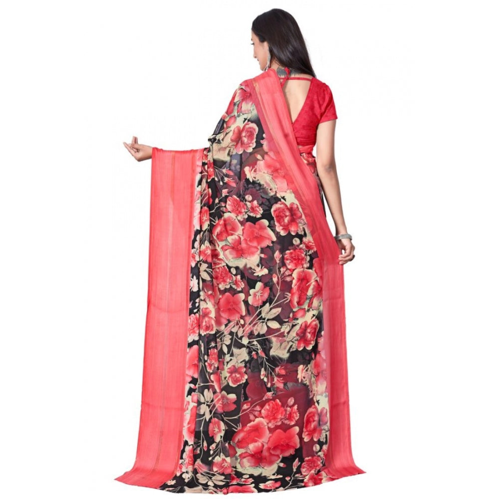 Clasymist Women's Sattin Patta Printed Saree With Unstitched Blouse (Red, 5-5 Mtrs)